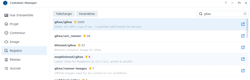 Téléchargement de l'image Gitea depuis Container Manager